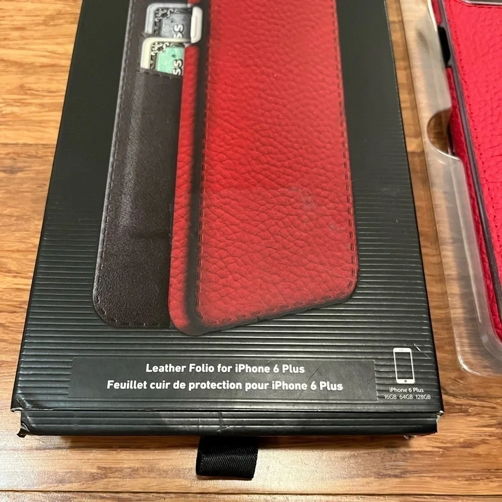 ADOPTED Iphone 6 Plus red pebbled leather folio case w/ card slots. Original Box